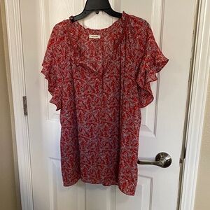 Max Studio Red Floral Ruffle-Sleeve Blouse